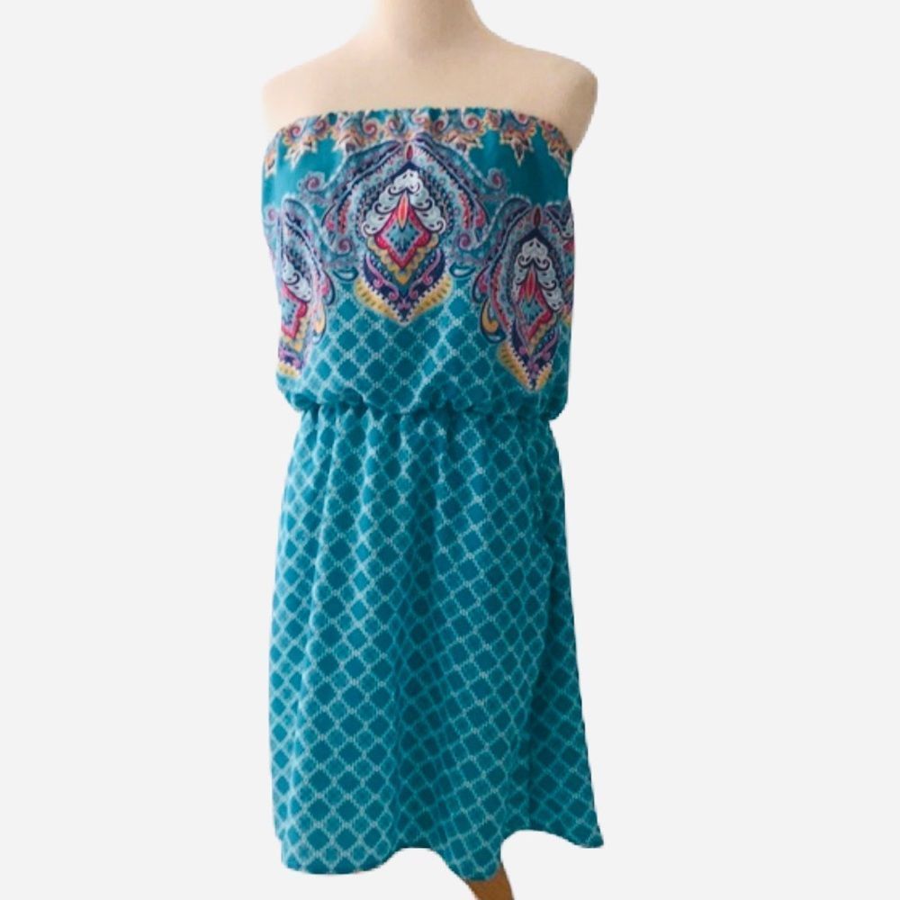 Xhilaration Strapless Summer Mini Dress Colorful w/ Pockets Turquoise Sz Medium